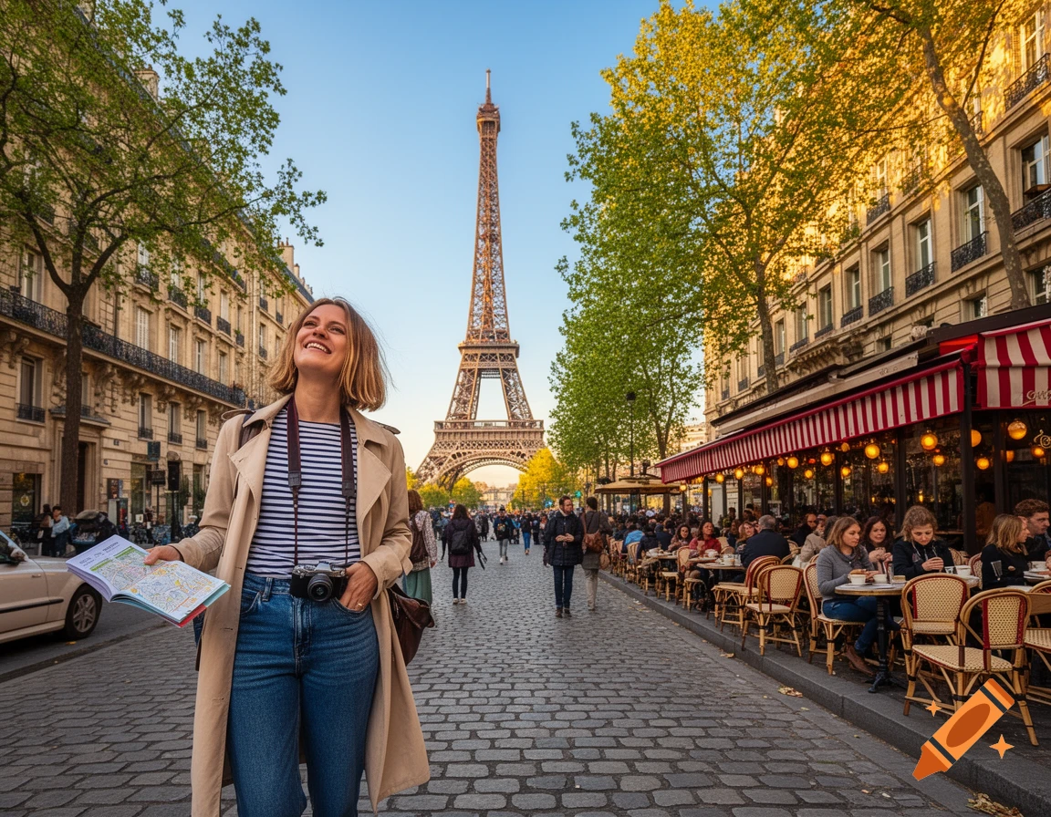 Smiling woman with a camera and map on a cobblestone street in Paris, Eiffel Tower in background, outdoor cafe nearby.