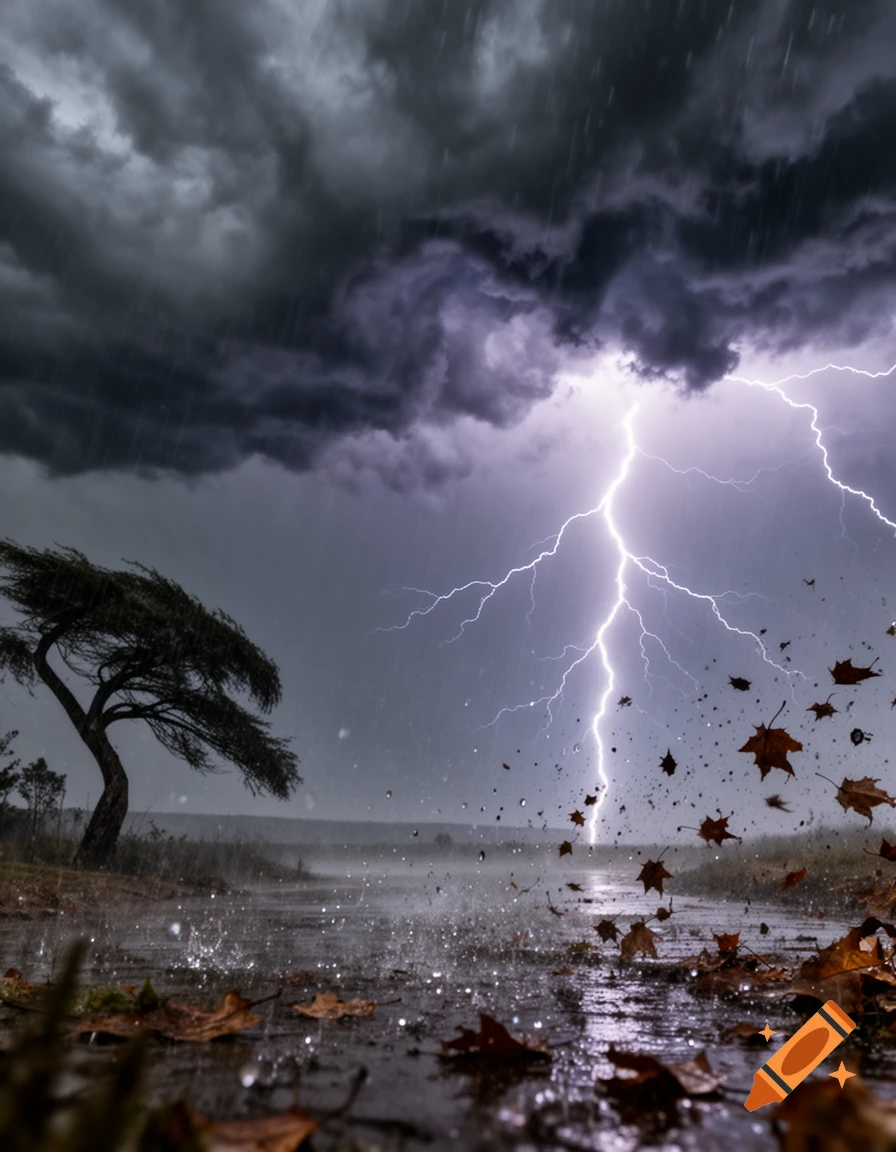 A photorealistic image of a violent thunderstorm with a bright lightning strike, heavy rain, a wind-bent tree, and leaves flying across a wet, muddy path.