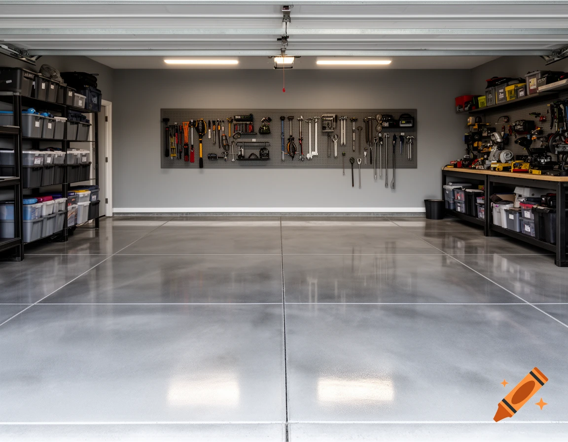 A clean, organized home garage with a grey cast floor, shelving units, and a pegboard filled with tools.