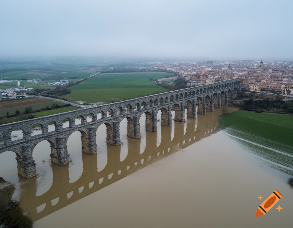 An aerial view of a long, stone aqueduct with many arches spanning a ...