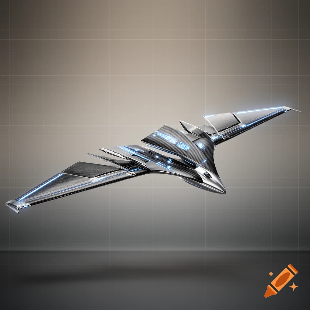 A sleek, metallic futuristic aircraft with folding wing design, glowing blue accents, and carbon fiber panels against a grey background.