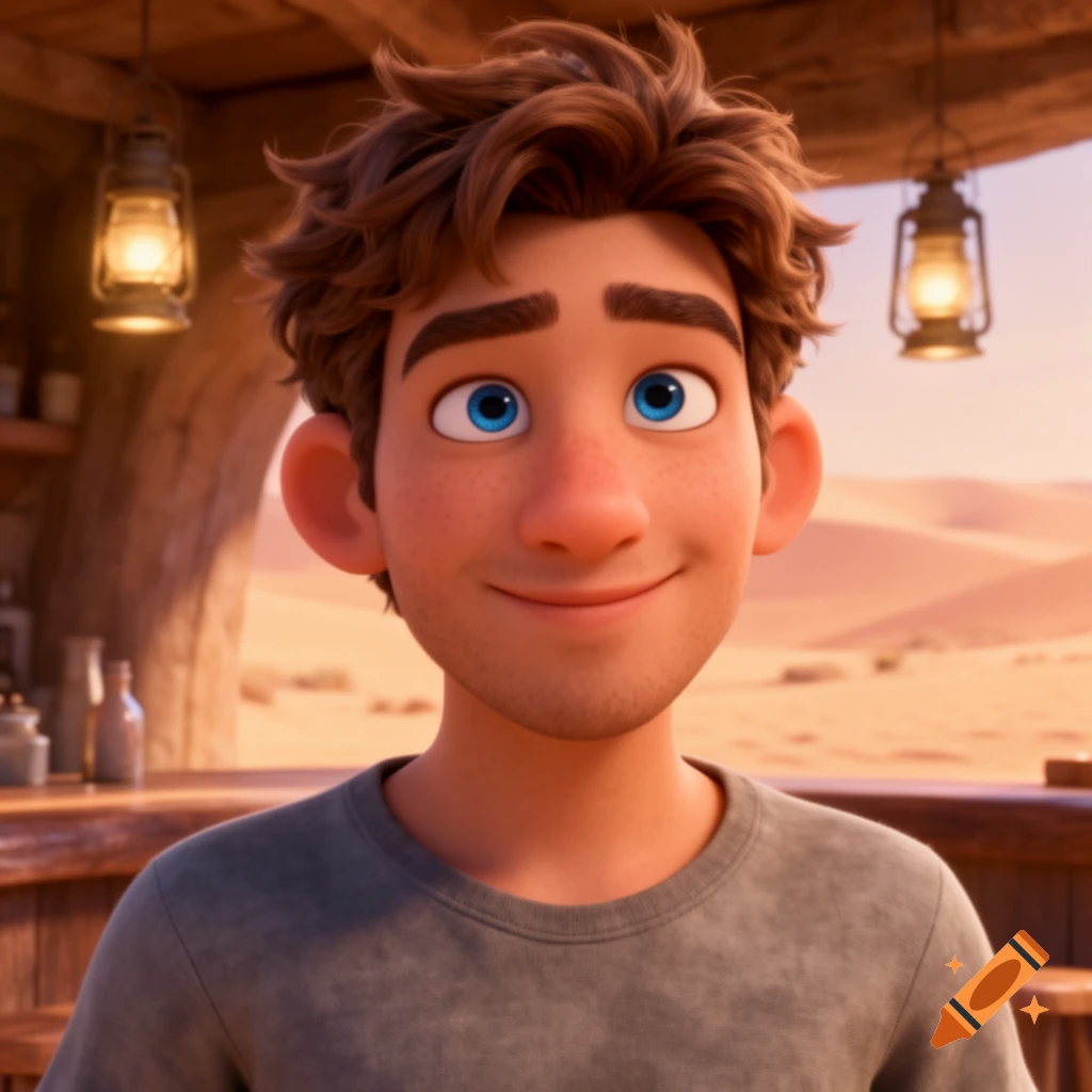 A smiling Pixar 3D cartoon man with brown hair and blue eyes, wearing a grey t-shirt in a desert bar.