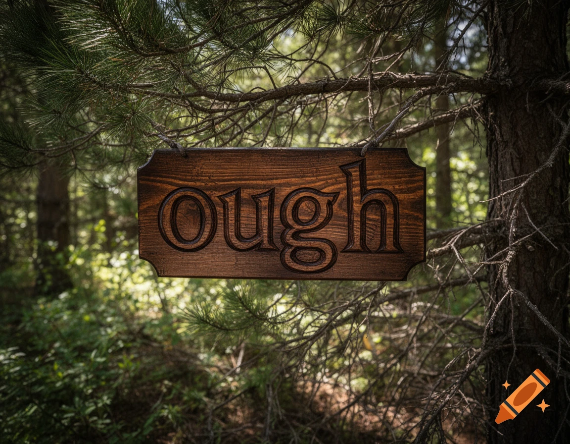 A rustic wooden sign with the word 'ough' carved into it, hanging from a tree branch in a sunlit forest.