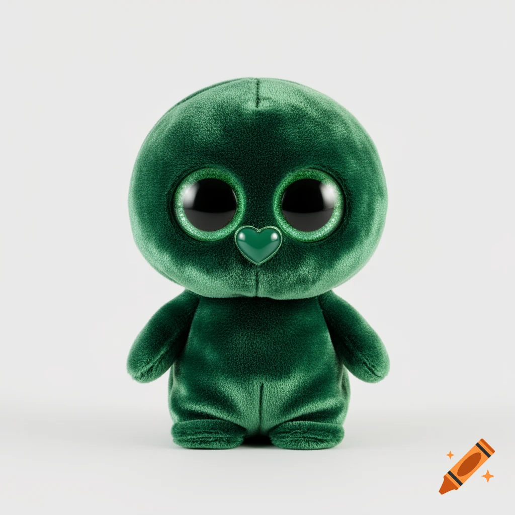 A dark green plush toy with large, glittery eyes and a heart-shaped nose on a white background.