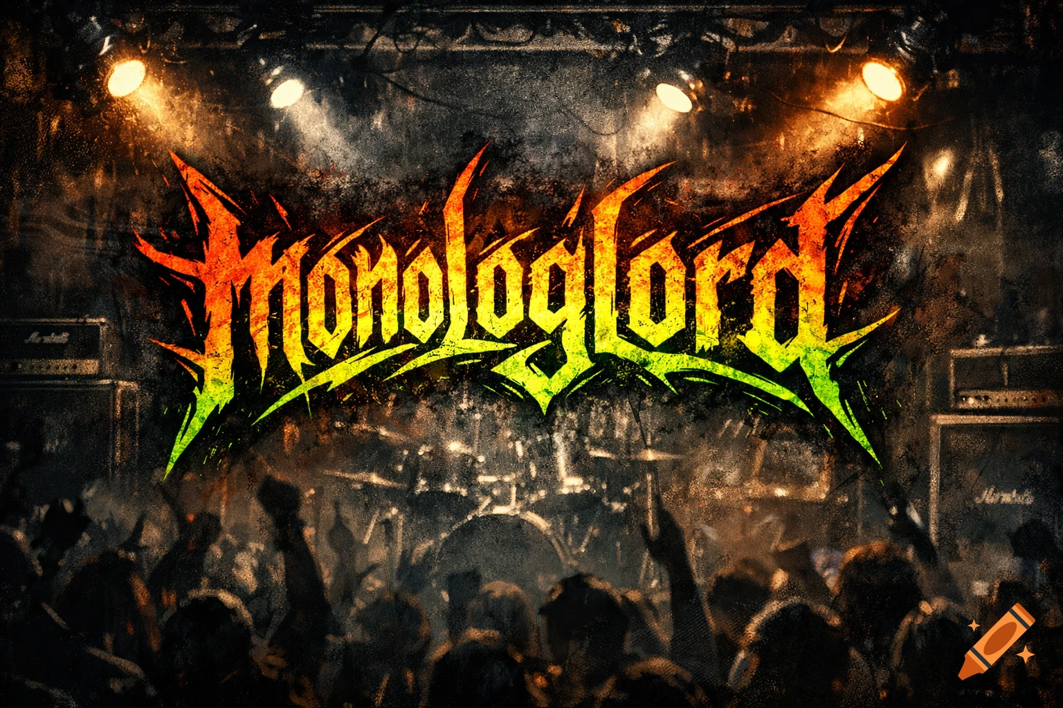 Grungy heavy metal band logo 'Monologlord' in orange and green over a dark concert crowd with stage lights.