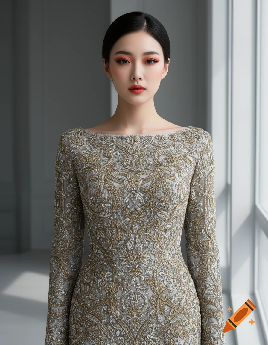 A woman with Korean-style makeup in a gold and silver zardozi-embroidered boat neck dress, looking directly forward in a studio setting.