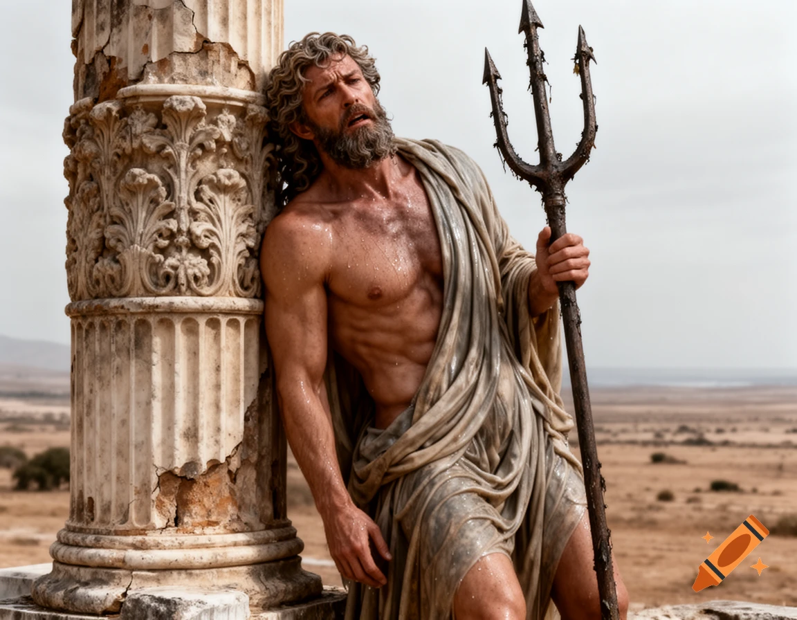 Photorealistic image of a wet, muscular man resembling Neptune with a trident, leaning on a ruined classical column in a dry landscape.