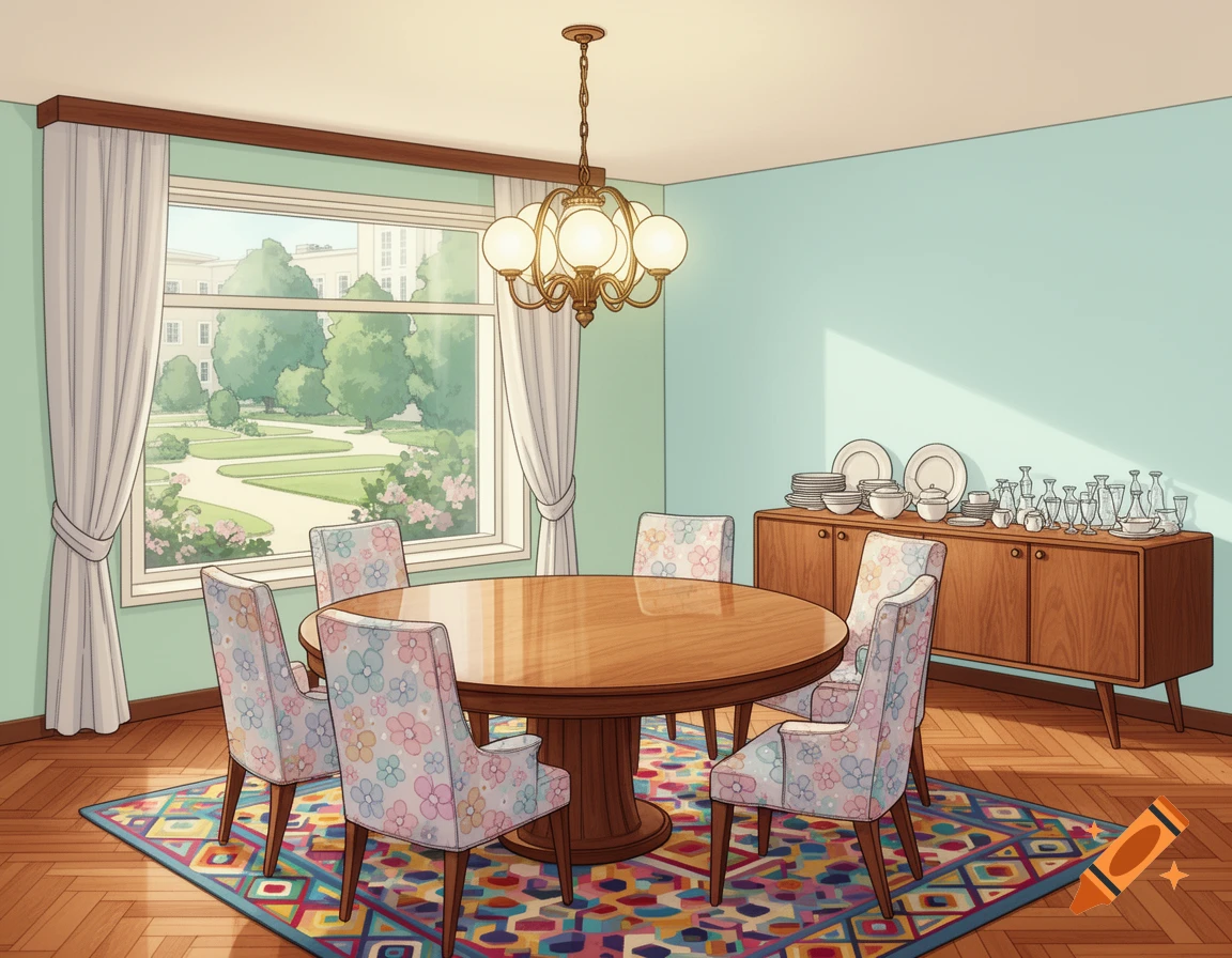 A 1960s-style dining room with a round wooden table, floral chairs, a sideboard with dishes, and a window overlooking a park.