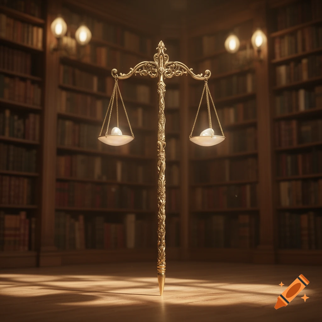 Ornate golden balance scale standing in a dimly lit library with bookshelves in the background.