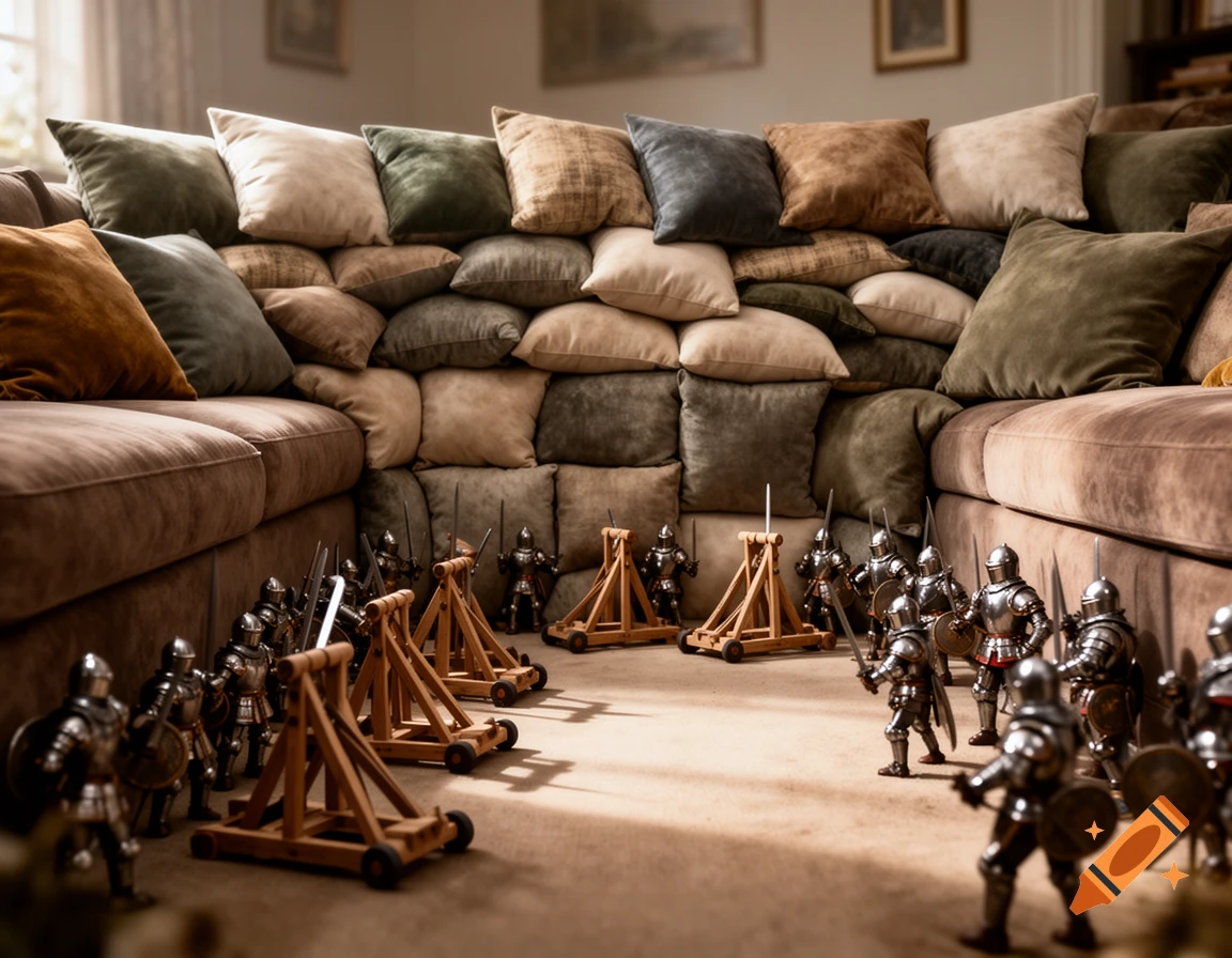 Miniature medieval soldiers and catapults attack a large fort made of pillows on a living room floor, lit by sunlight.