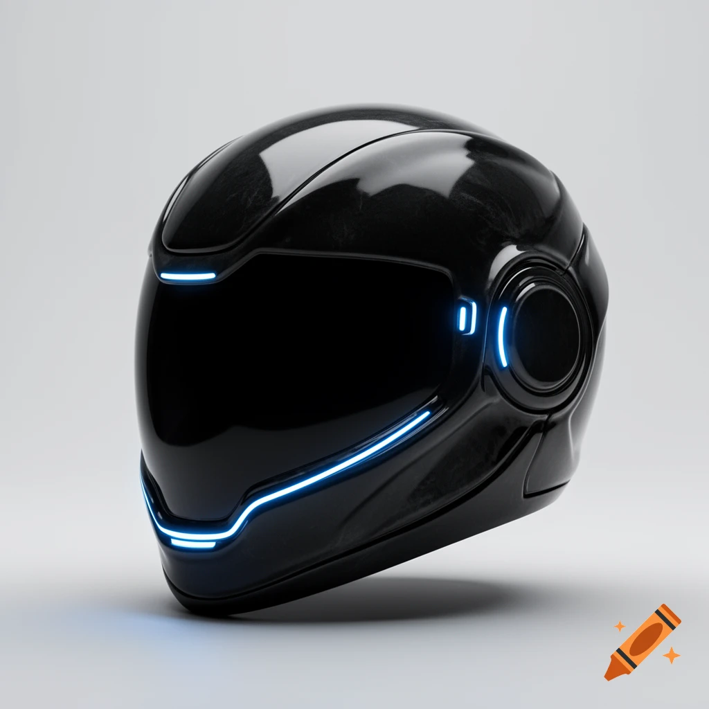 A sleek, black futuristic helmet with glowing blue LED lights on the visor and sides, set against a plain background.