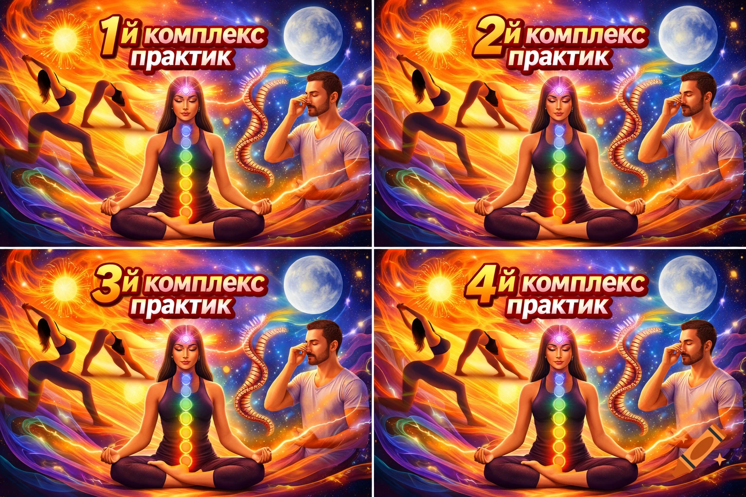 Four panels of vibrant, conceptual art showing a woman meditating with chakras, a man practicing pranayama, and figures in yoga poses amidst cosmic energy, each with text overlays '1й комплекс практик' through '4й комплекс практик'.