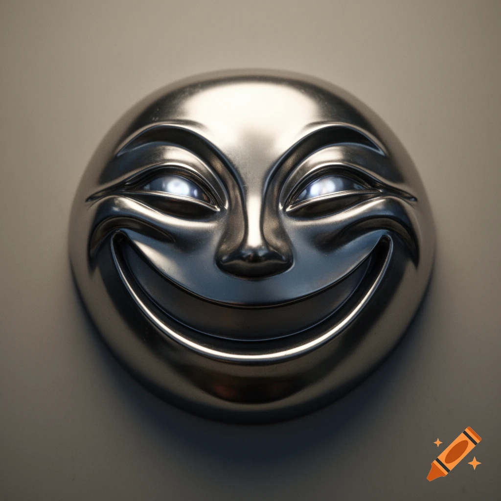 A shiny, metallic smiley face with glowing white eyes on a neutral background.