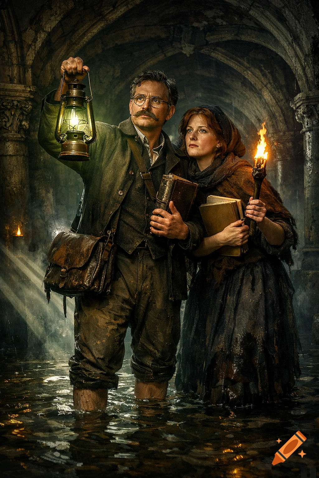A man with a lantern and a woman with a torch wade through a flooded Gothic crypt, exploring the dark, mysterious ruins.