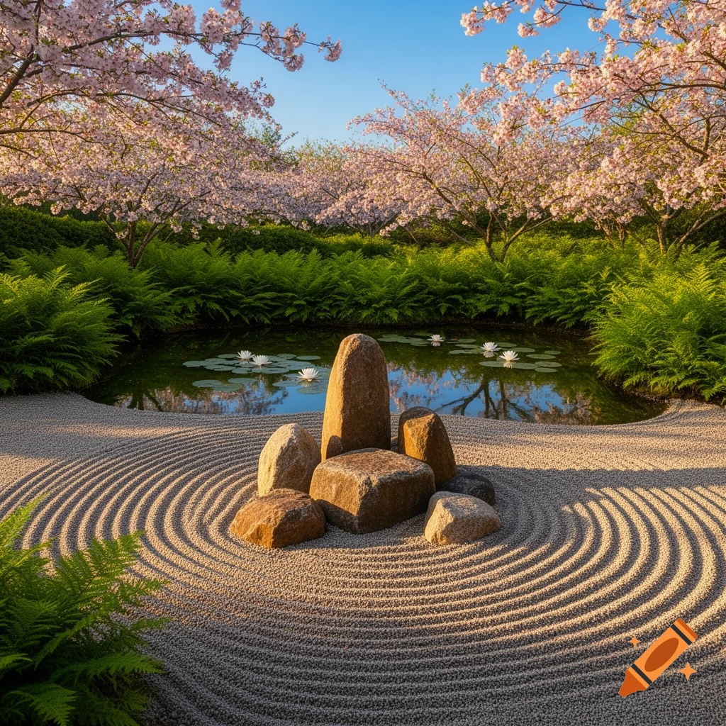 A serene zen garden features raked sand around a cluster of large rocks, with a pond, water lilies, and blooming cherry blossom trees.
