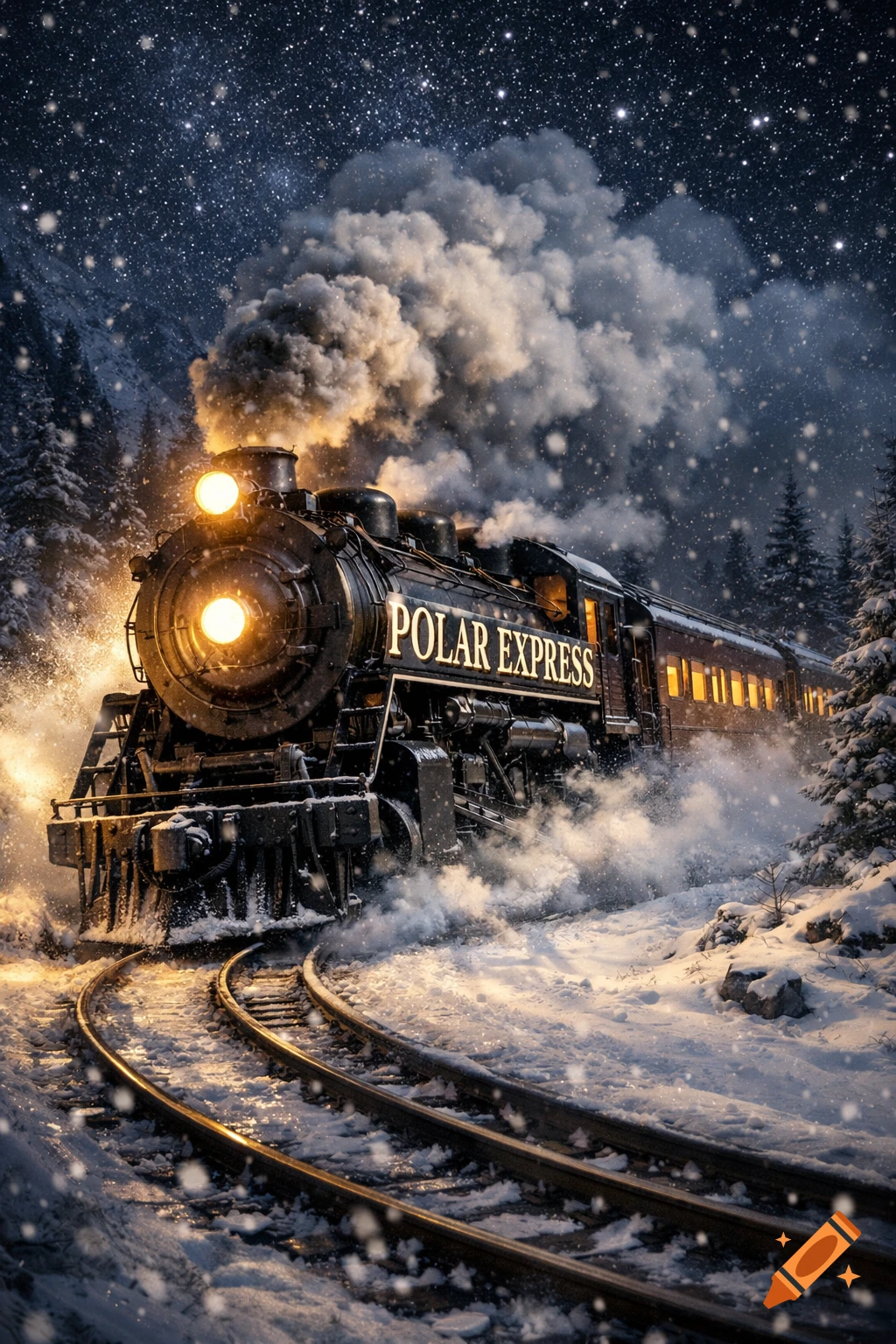 The Polar Express train steams through a snowy winter night, its bright headlights illuminating the tracks under a starry sky.