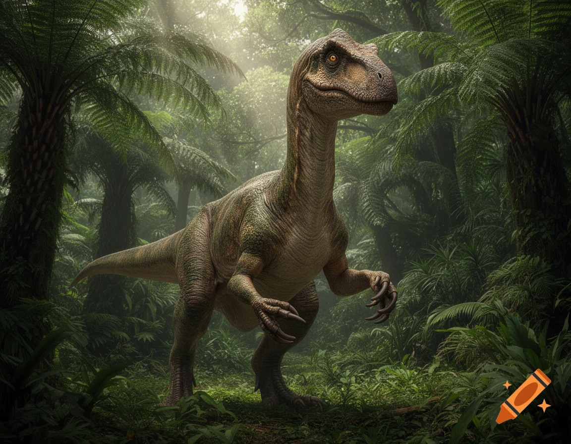 A photorealistic dinosaur, resembling a raptor, stands in a lush, sunlit prehistoric jungle environment.