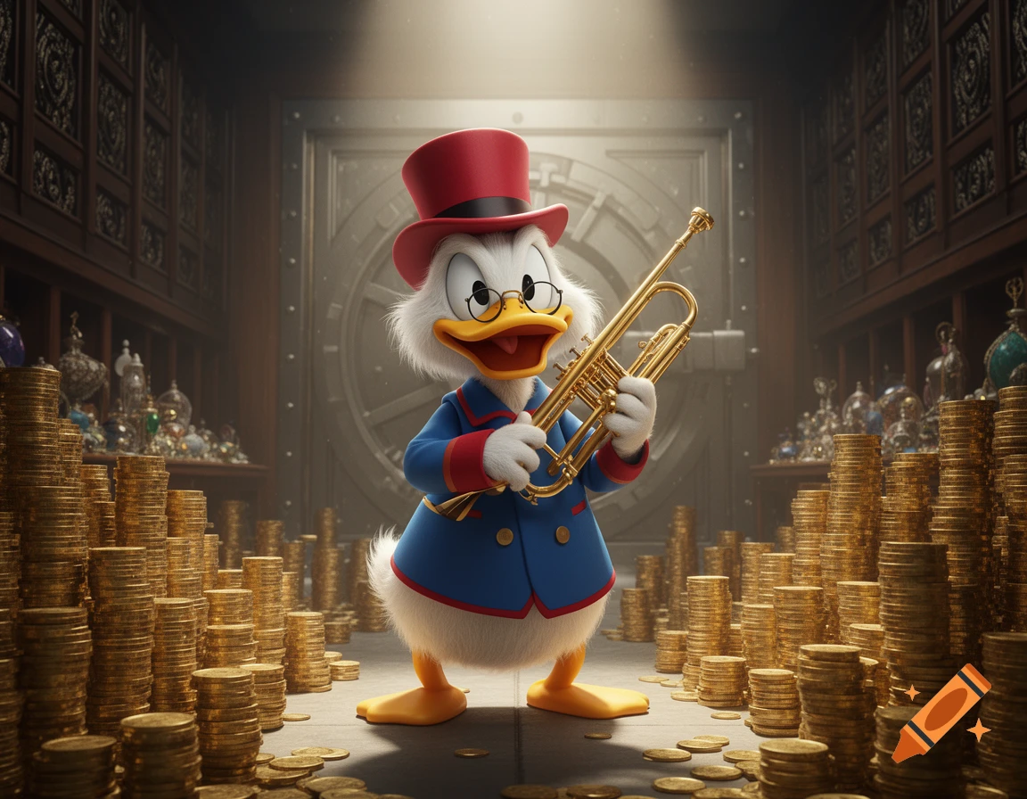 Scrooge McDuck in a red top hat and blue coat stands in a vault filled with gold coins, playing a golden trumpet.