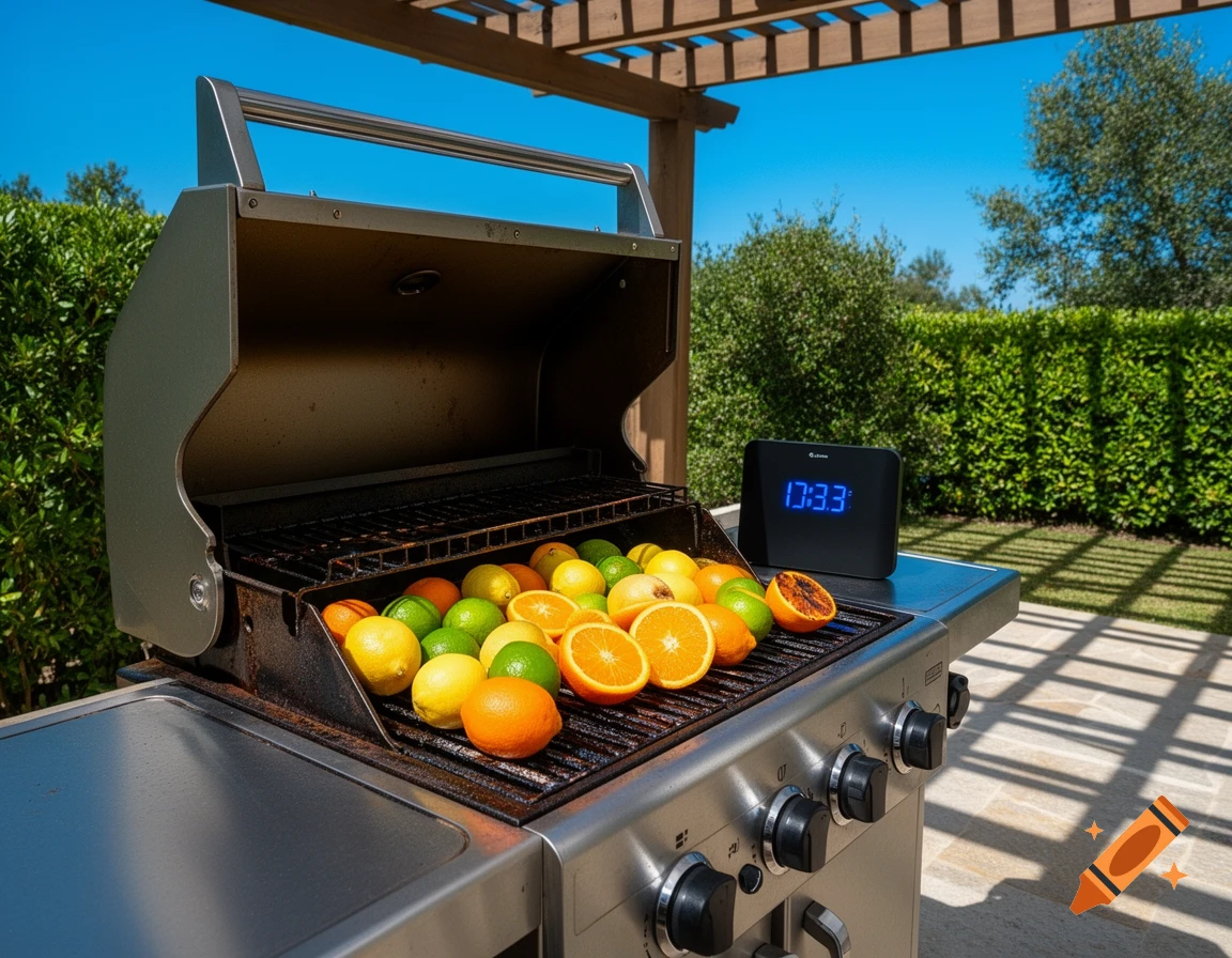 A stainless steel barbecue grill filled with colorful citrus fruits like oranges, lemons, and limes, sits outdoors on a patio with a digital clock displaying 13:33 nearby.