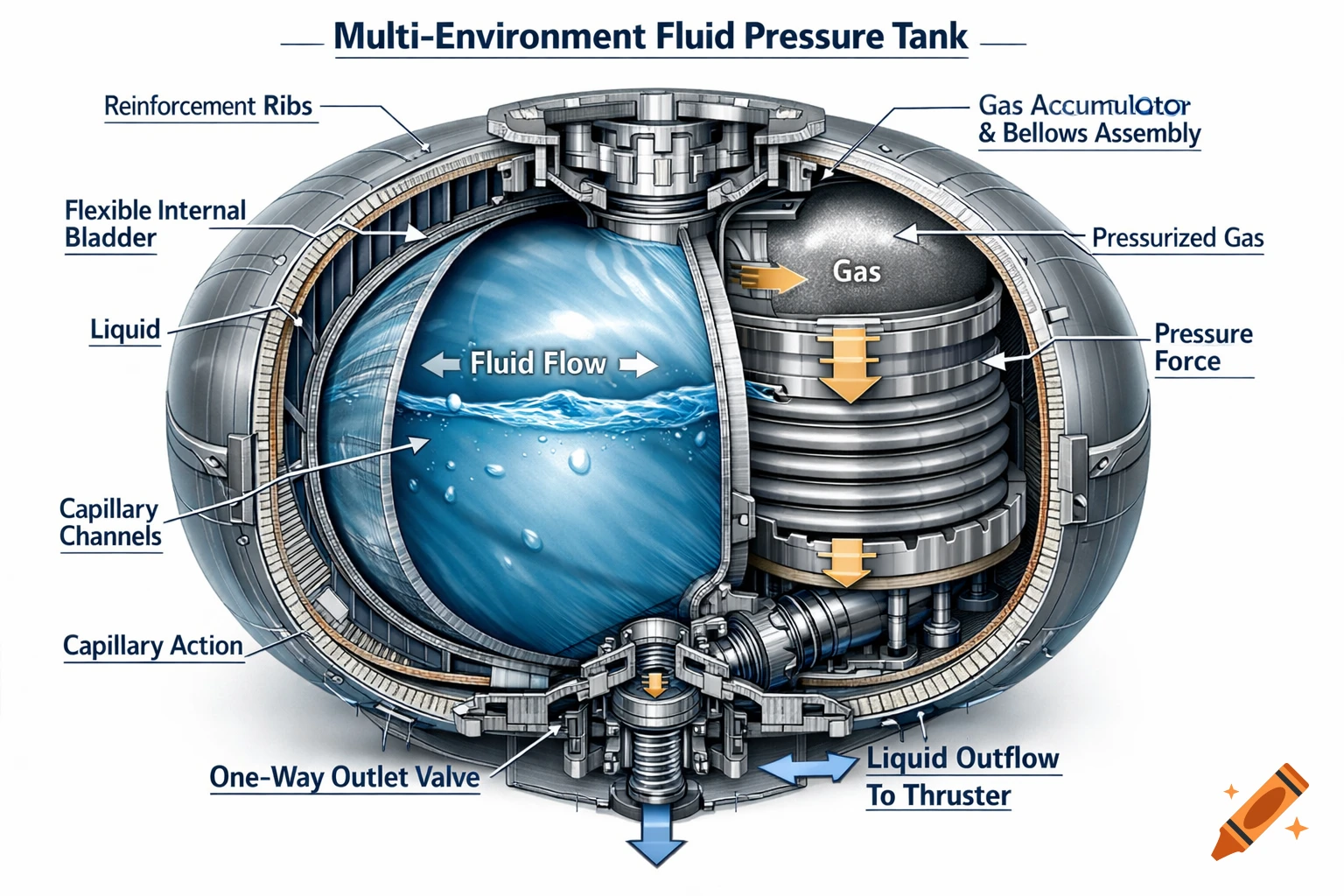 A detailed cutaway diagram of a multi-environment fluid pressure tank with labeled internal components and fluid flow arrows.