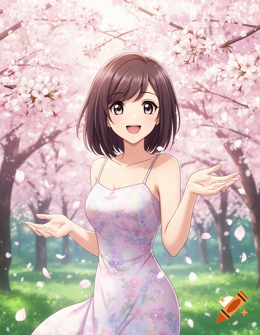 An anime girl with short dark hair and a floral sundress smiles, standing in a vibrant cherry blossom garden with pink petals falling.