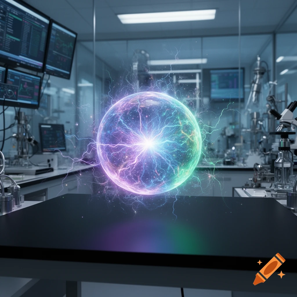 Brightly glowing, multi-colored energy sphere hovers over a dark lab table in a science laboratory.