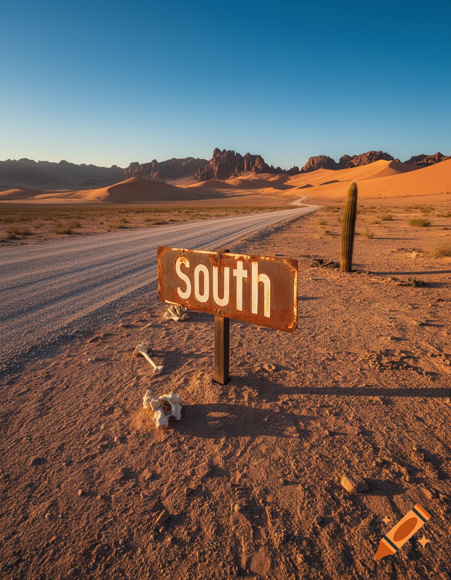 A rusty sign with 'South' points down a desert road with sand dunes, rocky mountains, a cactus, and bones under a clear blue sky.
