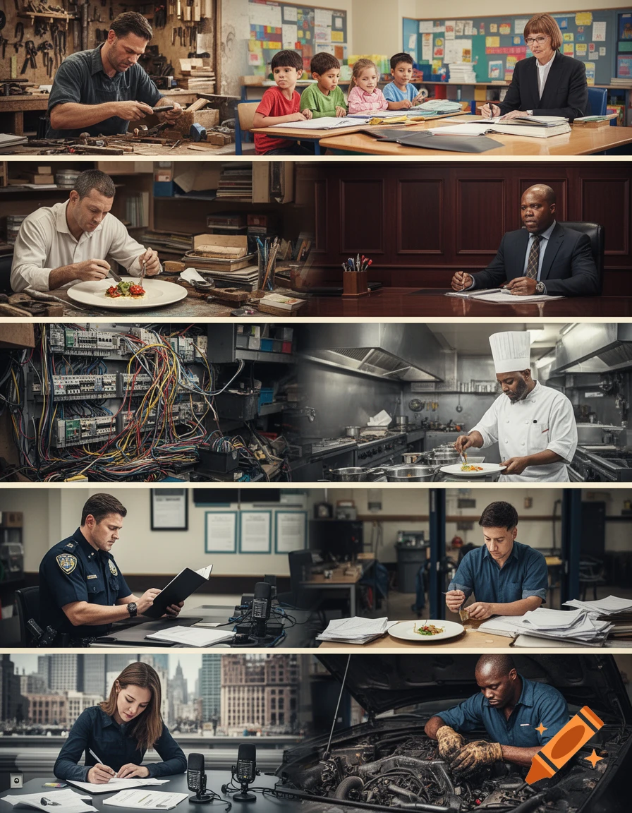 A collage of people in various professions including a craftsman, teacher with students, lawyer, chefs, electrician, police officer, journalist, and mechanic.