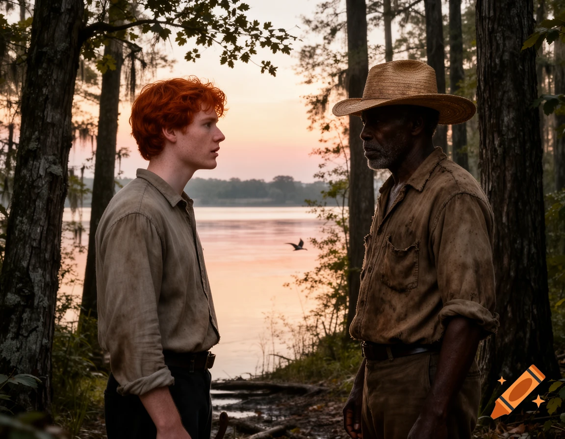 A young red-haired man and an older Black man in a straw hat face each other in a forest by a river at sunset.