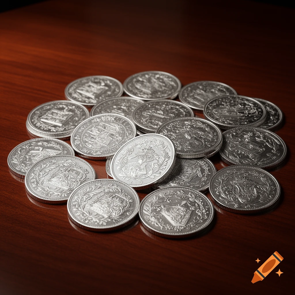 A pile of silver coins with intricate designs on a polished wooden surface.