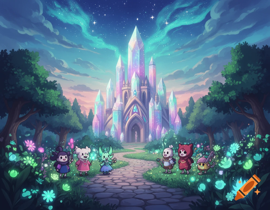 A colorful anime-style fantasy scene with small, cute creatures walking on a path towards a majestic, glowing crystal castle under a starry, aurora-filled sky.