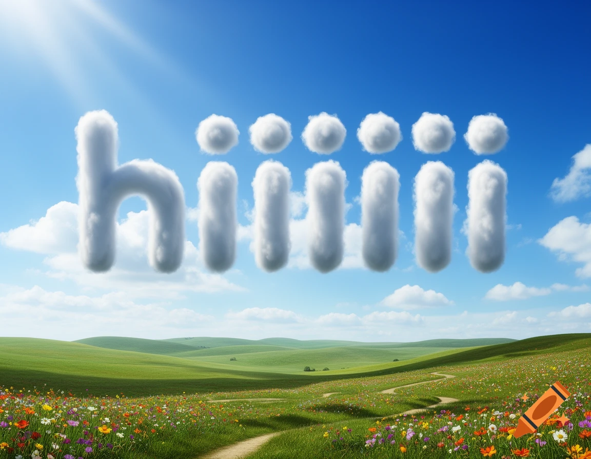 The word "hiiiiii" formed by white clouds in a bright blue sky over a vibrant green landscape with a path and wildflowers.