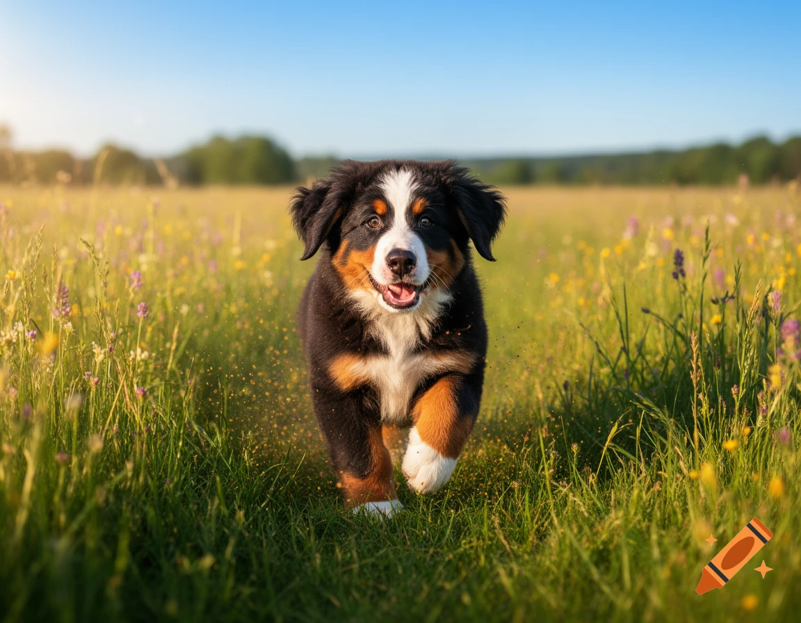 A happy Bernese mountain dog puppy runs through a sunny, grassy field filled with wildflowers, looking at the camera.