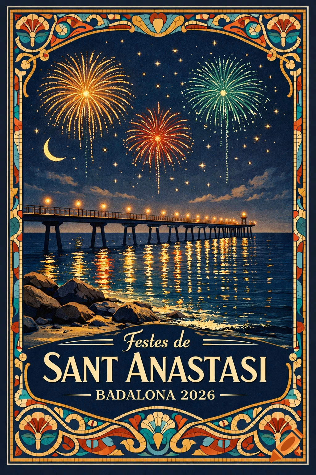 A vibrant Art Nouveau-style festival poster for Festes de Sant Anastasi, Badalona 2026, with fireworks over a pier at night.