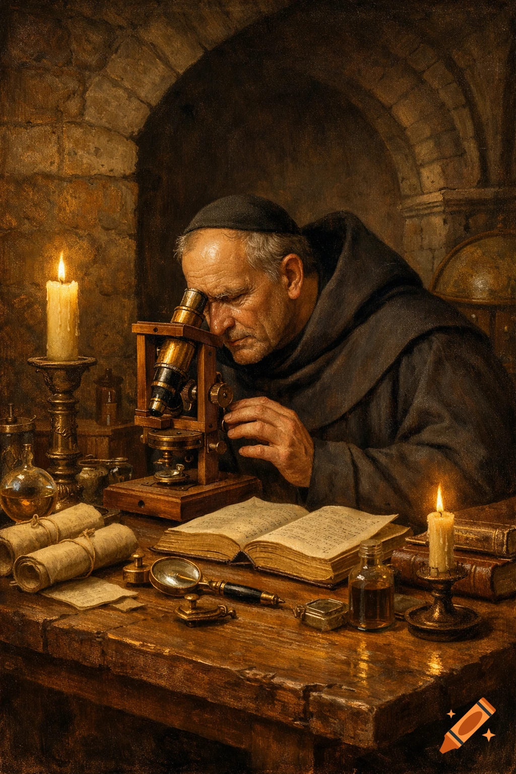 An old Benedictine monk in a hooded robe looks through a vintage microscope on a wooden table, lit by candles, in an ancient stone room, in an oil painting style.