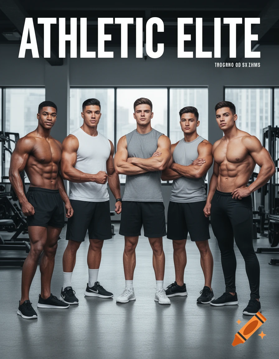 Five muscular men pose in a modern gym, under a magazine title 'ATHLETIC ELITE'.