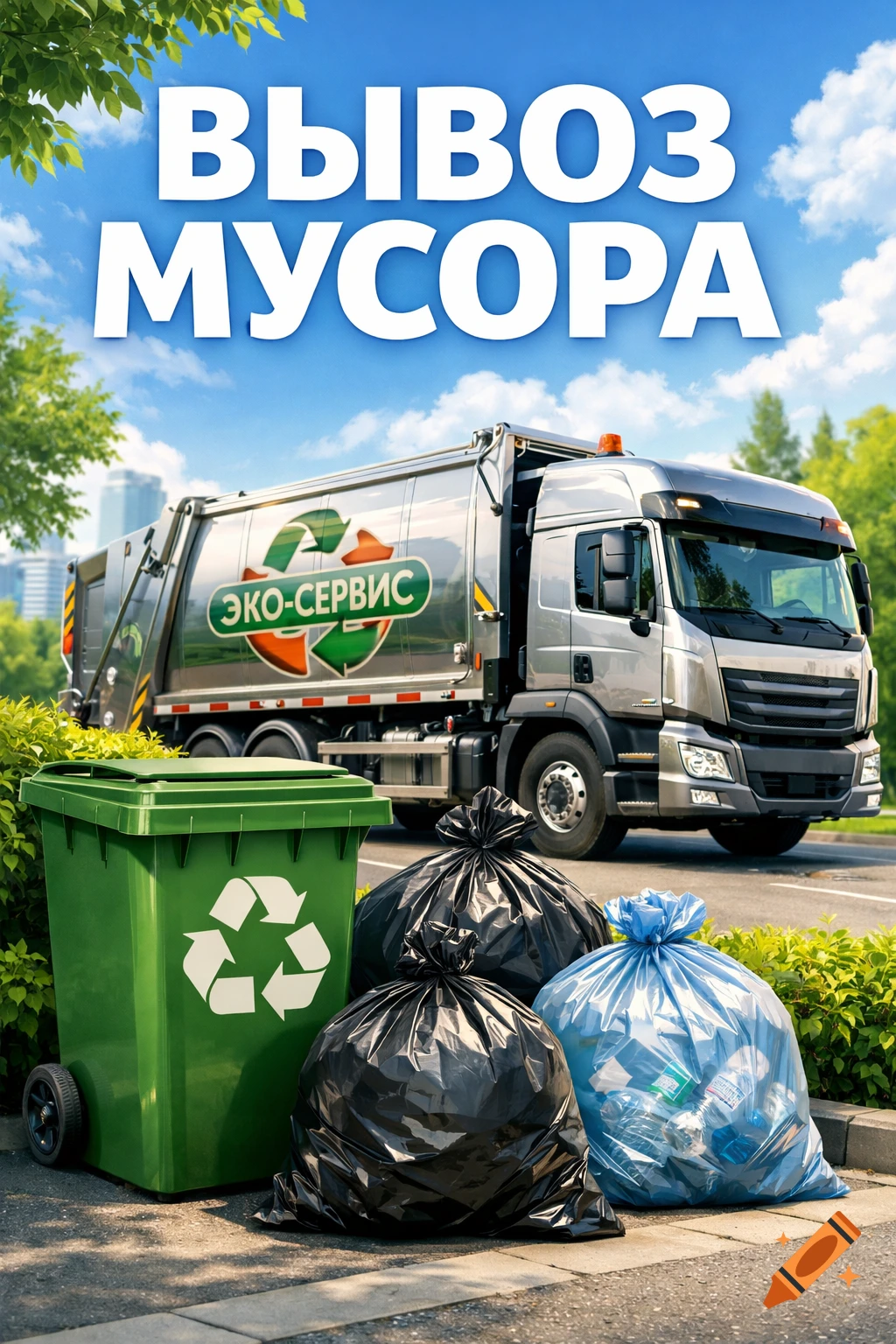 A photorealistic image of a garbage truck, a green recycling bin, and trash bags on a sidewalk. The sky above features the text ""ВЫВОЗ МУСОРА"".