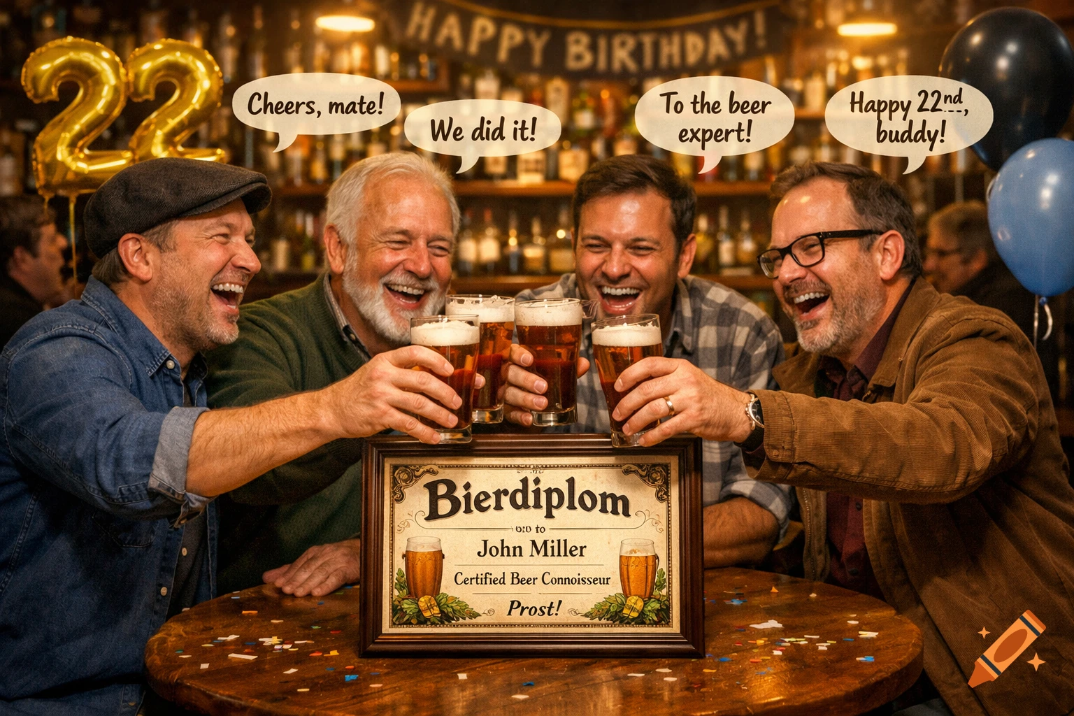 Four laughing men toast with beer glasses around a table, decorated for a 22nd birthday with a 'Bierdiplom' in a bar.