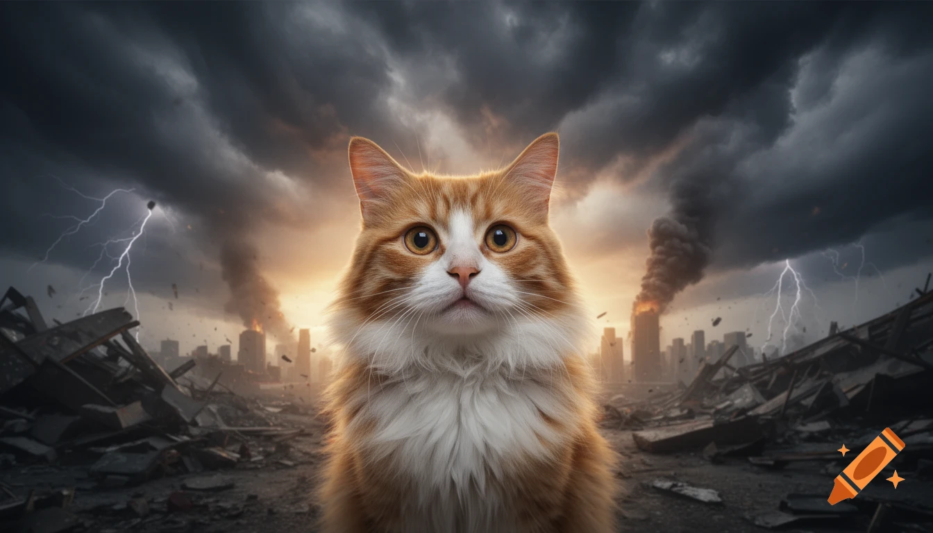 A fluffy orange and white cat stares forward, with a stormy, lightning-filled sky and a destroyed, smoking city in the background.