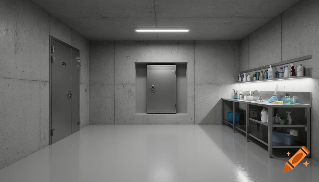 Architectural visualization of a modern industrial secure room with concrete walls, a large steel safe, and a stainless steel cleaning workbench.
