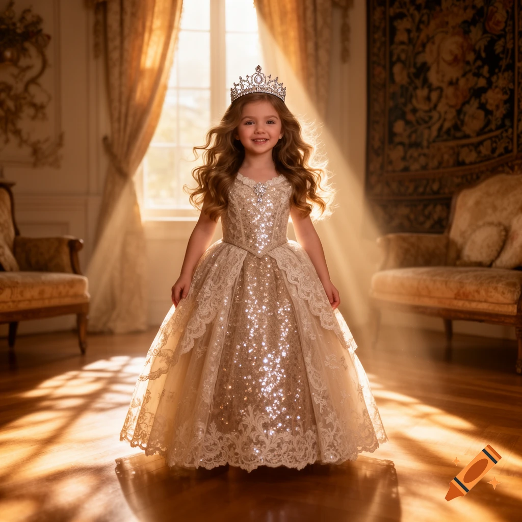 A smiling young girl in a sparkling princess gown and tiara stands in a ...