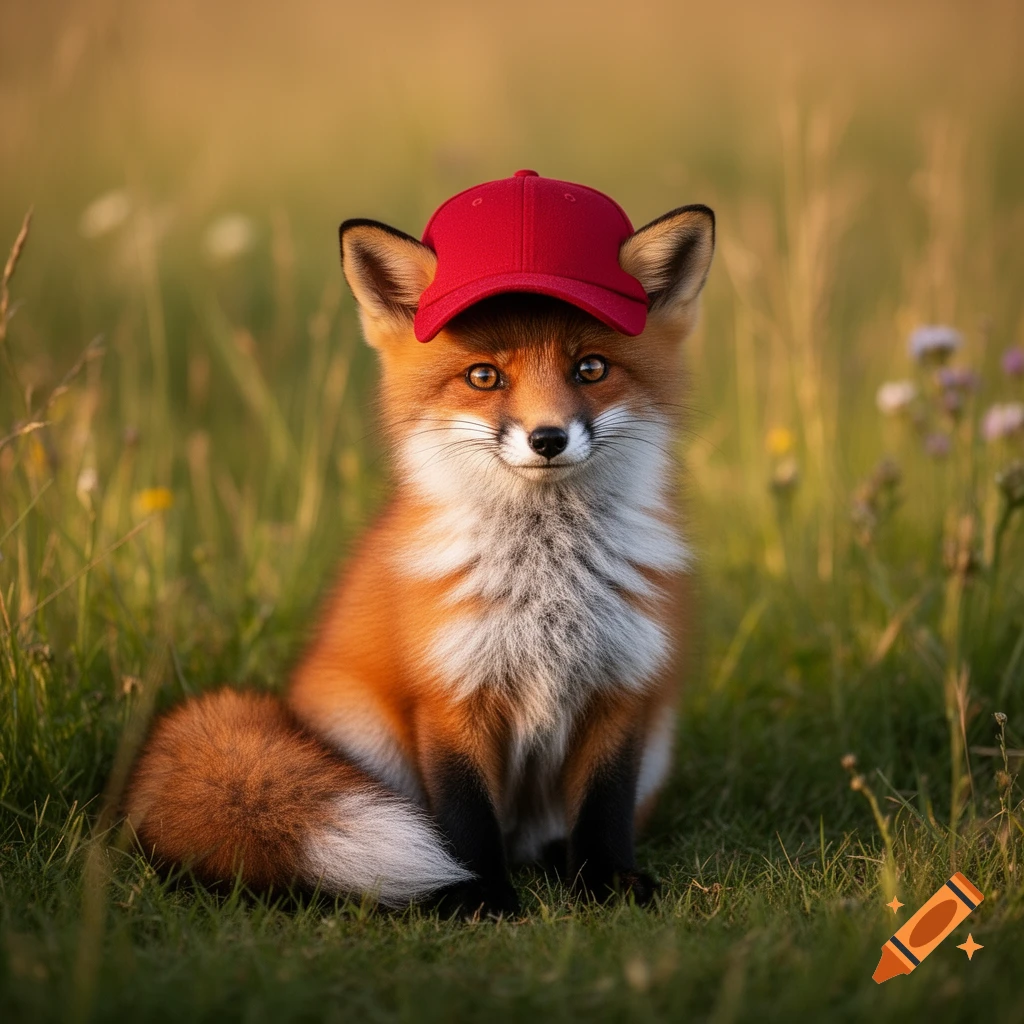A cute red fox sits in a grassy field, wearing a bright red baseball cap, looking directly at the viewer. Photorealistic style.