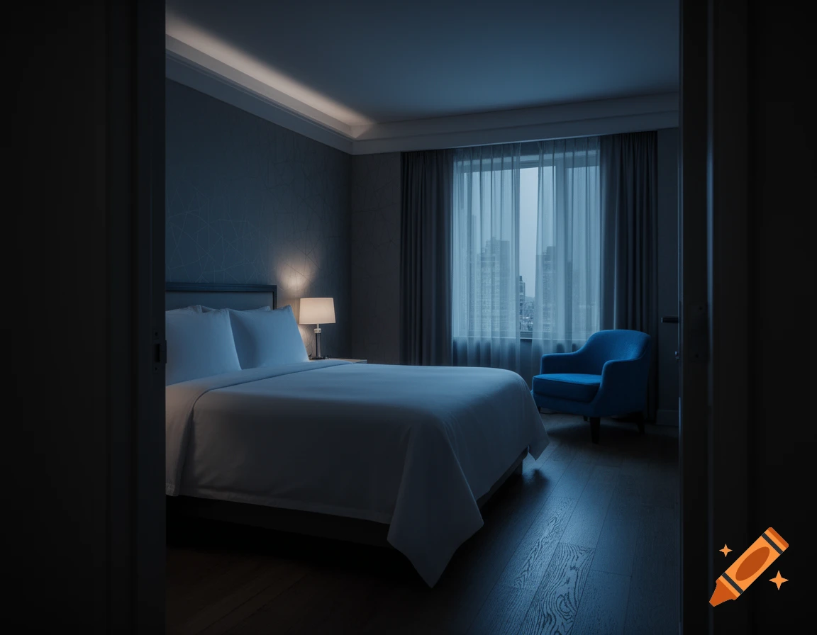 A dark, blue-tinted hotel room with a neatly made bed, a lamp, and a blue armchair by a window overlooking a city skyline at night.