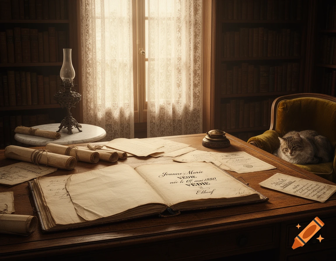 An old-fashioned study with an open book and papers on a wooden desk, an antique lamp, bookshelves, and a cat resting in a yellow armchair by a window.