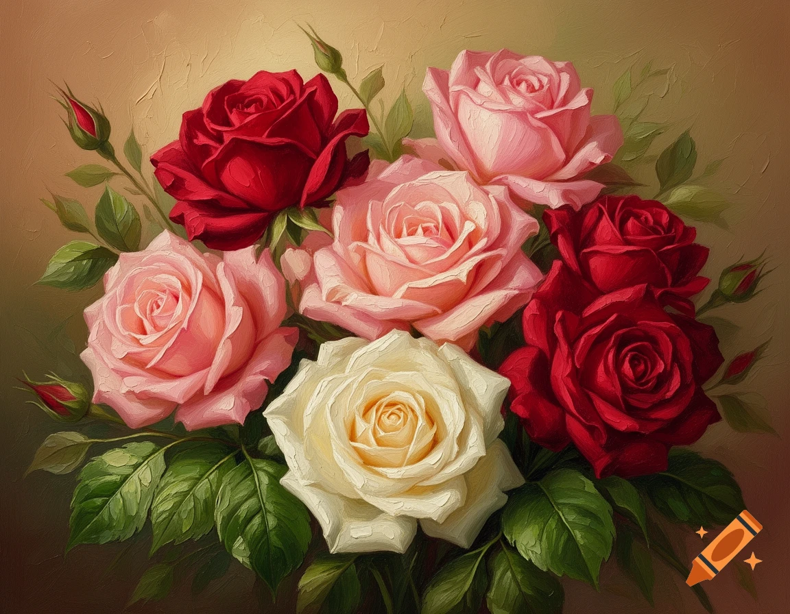 An oil painting of a vibrant bouquet of red, pink, and white roses with green foliage.