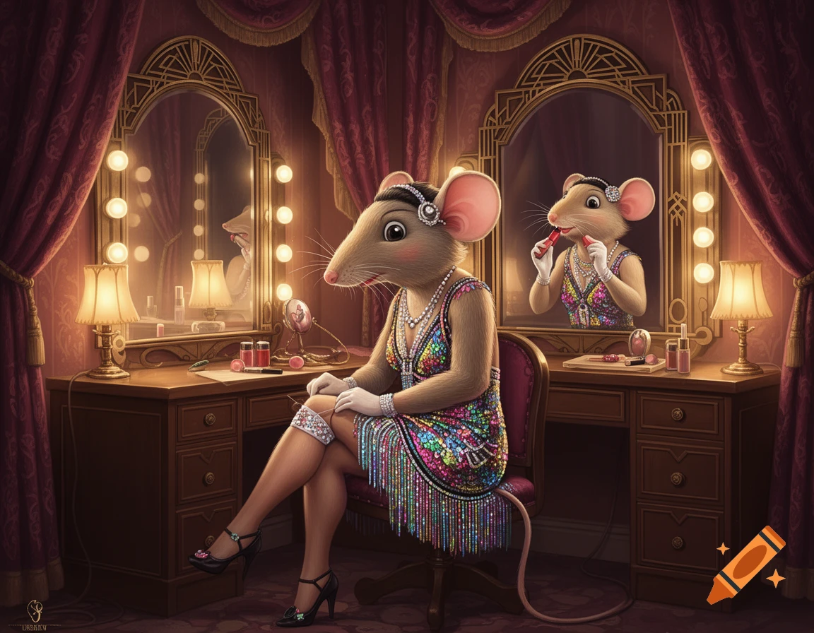 Anthropomorphic mouse in a sequined flapper dress sits in an Art Deco dressing room, adjusting a garter; another mouse applies lipstick in the mirror.