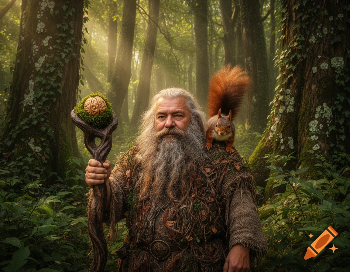 A shaggy, long-bearded druid in natural attire holds a staff with a mossy, brain-like walnut, a squirrel on his shoulder, in a sun-dappled forest.