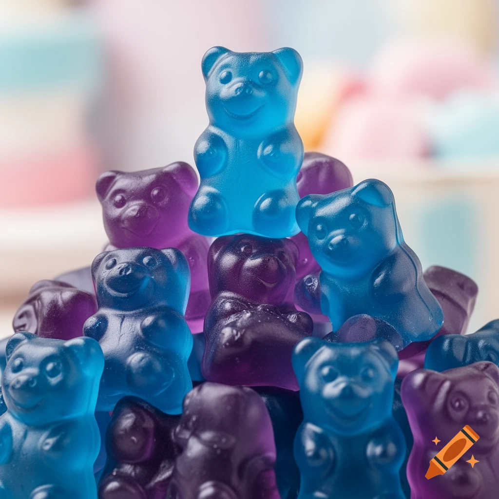 A close-up shot of a pile of translucent blue and purple gummy bears.