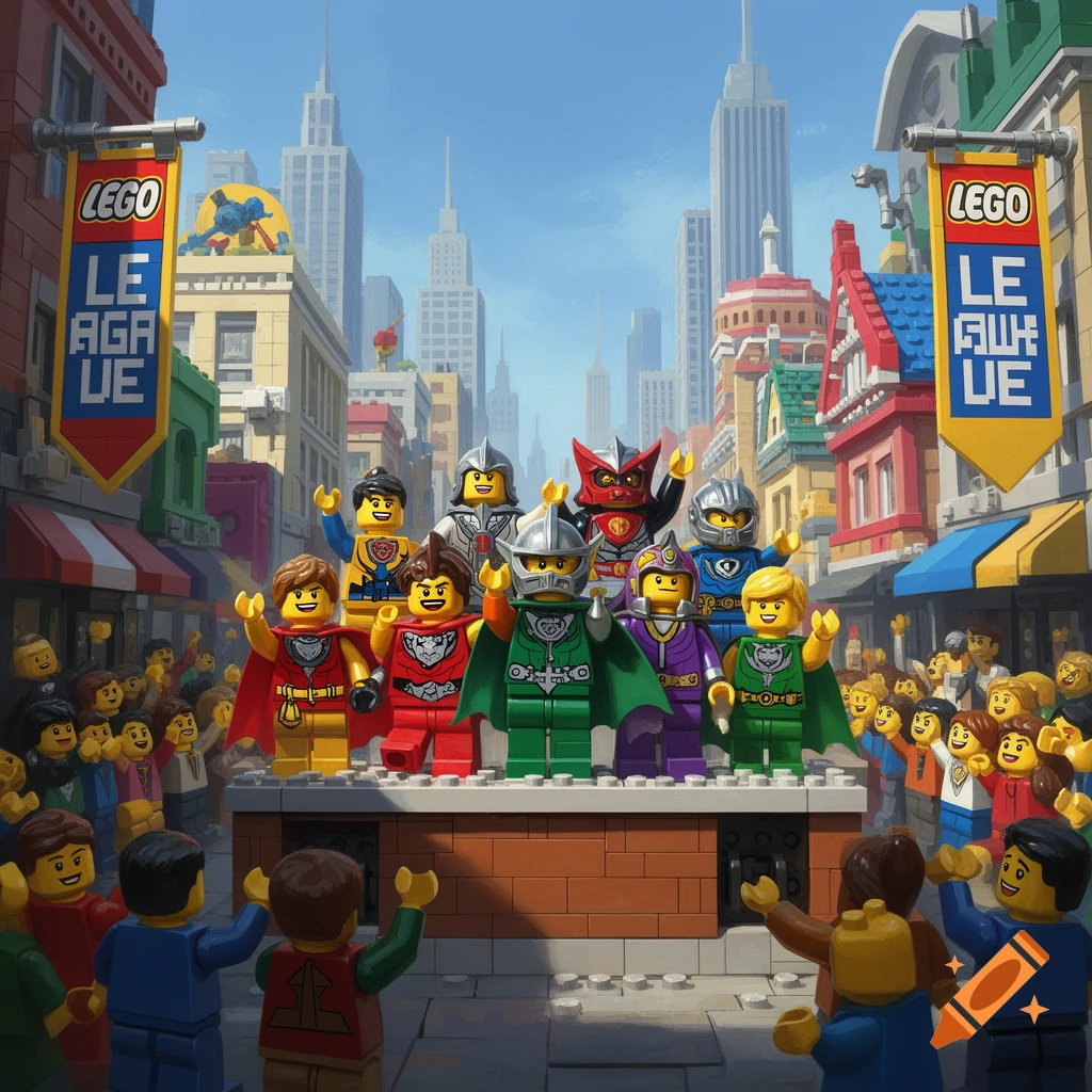 Lego characters, some in superhero costumes, stand on a platform in a Lego city street with cheering crowds and banners.