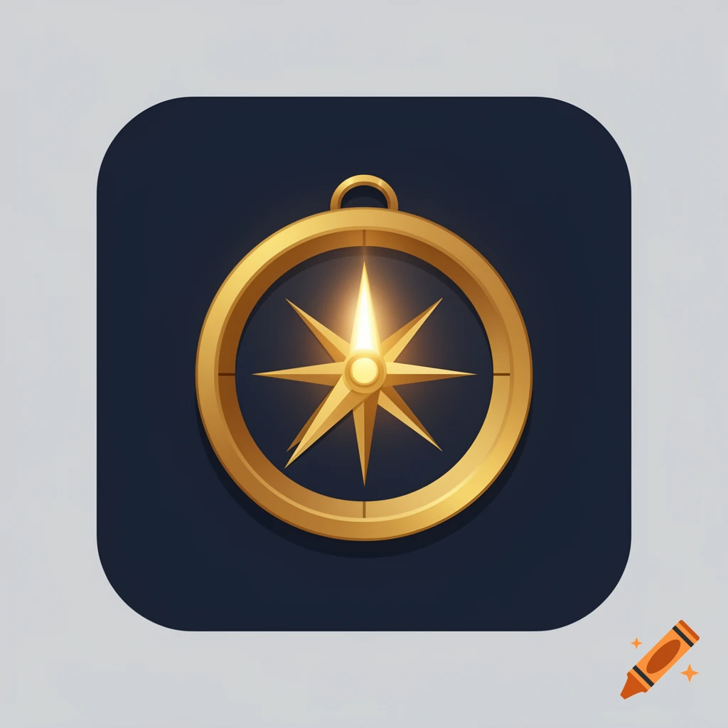 Minimalist flat icon of a glowing brass nautical compass on a dark navy background.